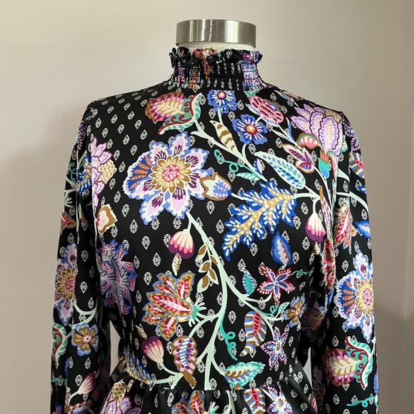 Loft Black Floral Mock Neck Long Sleeve Babydoll Dress Size 10 Petite - Picture 4 of 11